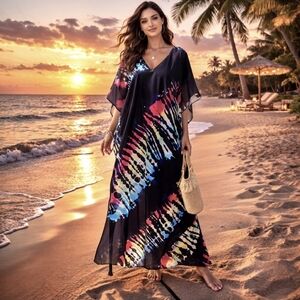 Kaftan Tie Dye Dress Maxi Cover Up Cool OS NEW 🌞 LAST 1 🌈